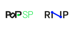 Logo do Pop SP e do RNP ao lado: Logo do Pop SP está à esquerda com 'Pop' escrito em preto, com a letra 'O' inclinada e 45 graus para direita e um ponto verde no segundo 'P', 'SP' está escrito em verde. O logo do RNP está a direita, com as letras RNP em preto, o traço do meio da letra N está em azul.