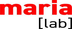 Logo do MariaLab com fundo branco: as palavras 'maria' em vermelho, logo abaixo 'lab' em preto entre colchetes.